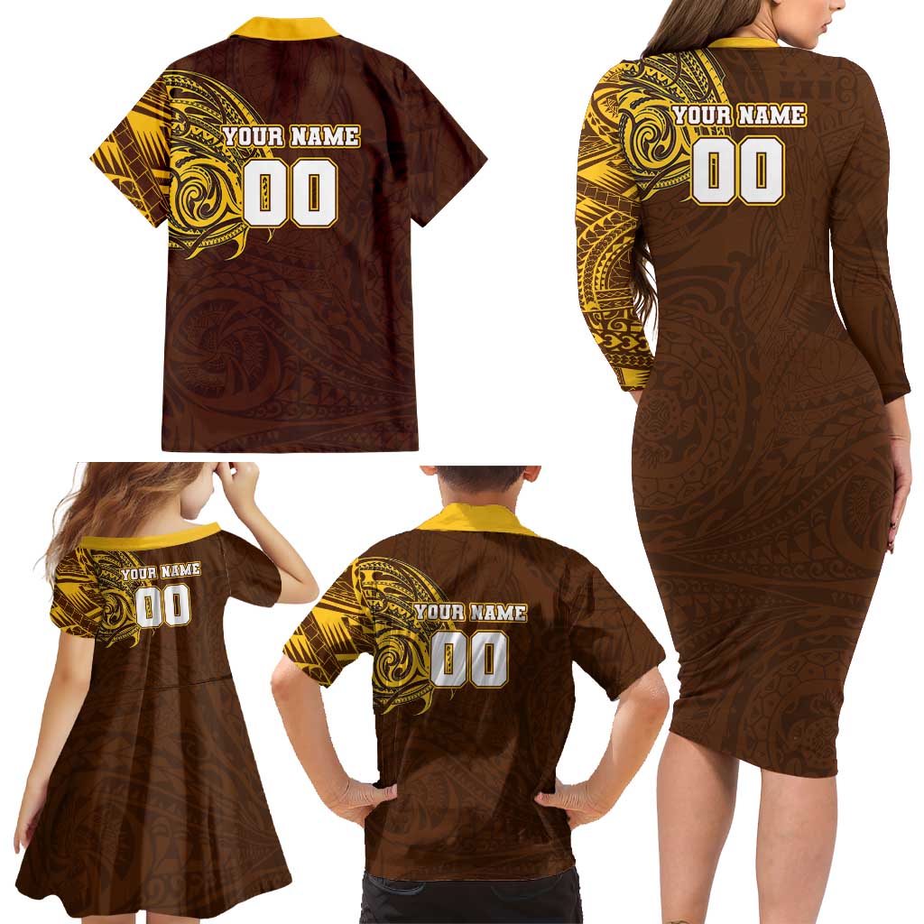 Personalized Hawthorn Hawks Polynesian Family Matching Long Sleeve Bodycon Dress and Hawaiian Shirt Tribal Chest and Sleeve Tattoo Heritage Warrior