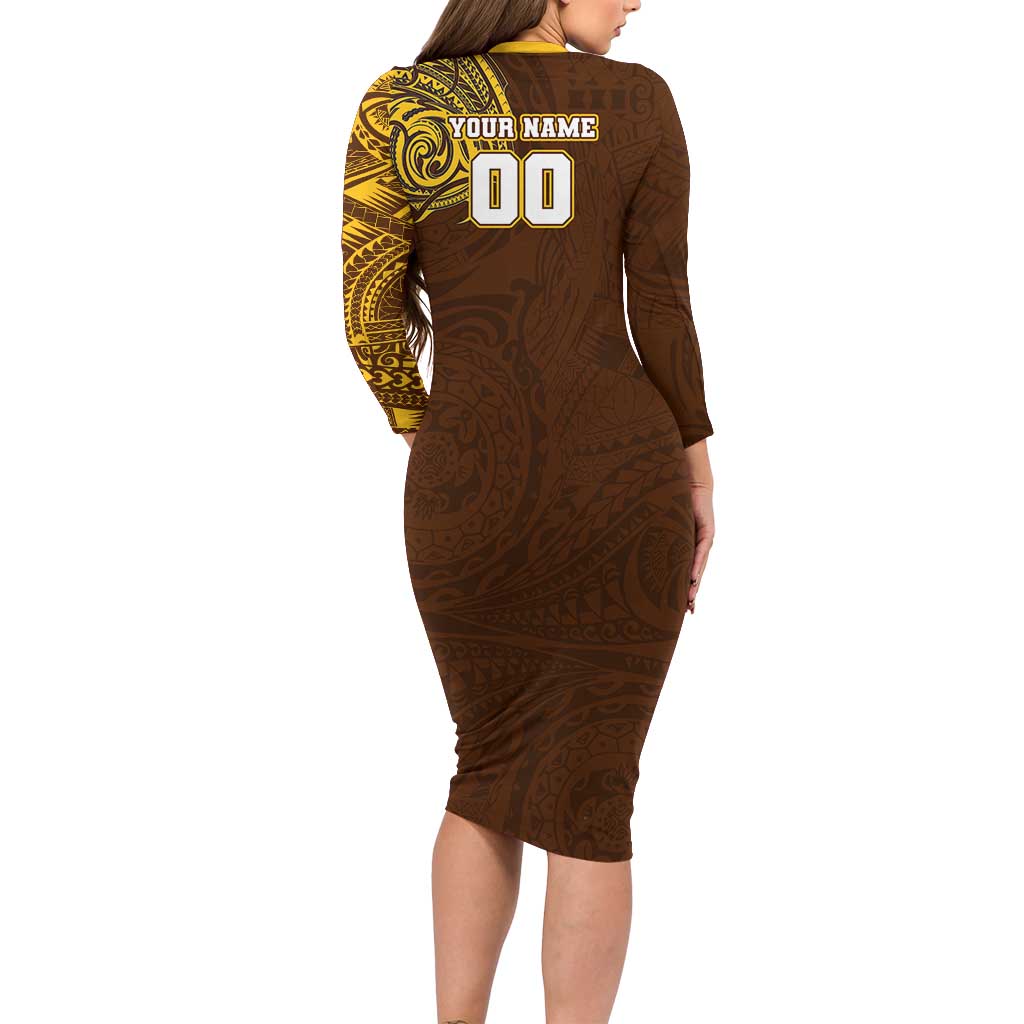 Personalized Hawthorn Hawks Polynesian Family Matching Long Sleeve Bodycon Dress and Hawaiian Shirt Tribal Chest and Sleeve Tattoo Heritage Warrior