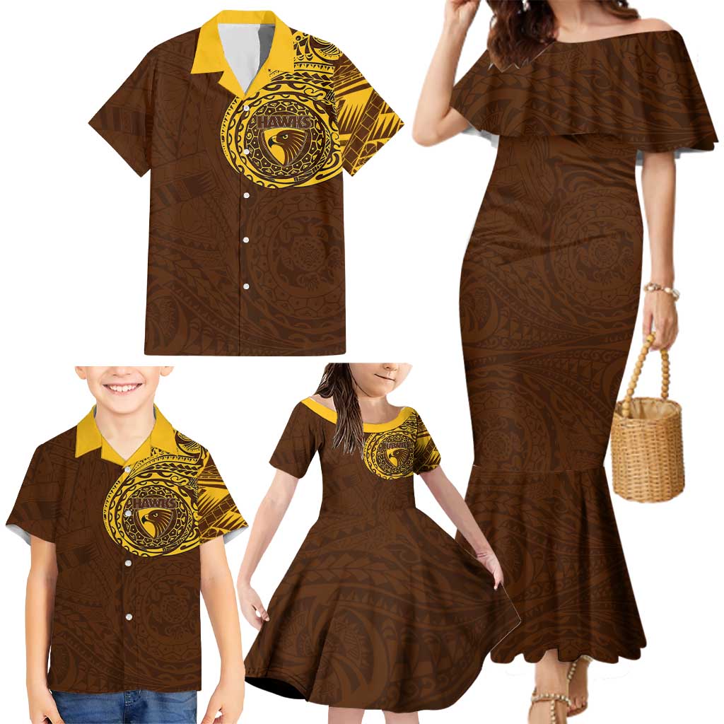 Personalized Hawthorn Hawks Polynesian Family Matching Mermaid Dress and Hawaiian Shirt Tribal Chest and Sleeve Tattoo Heritage Warrior