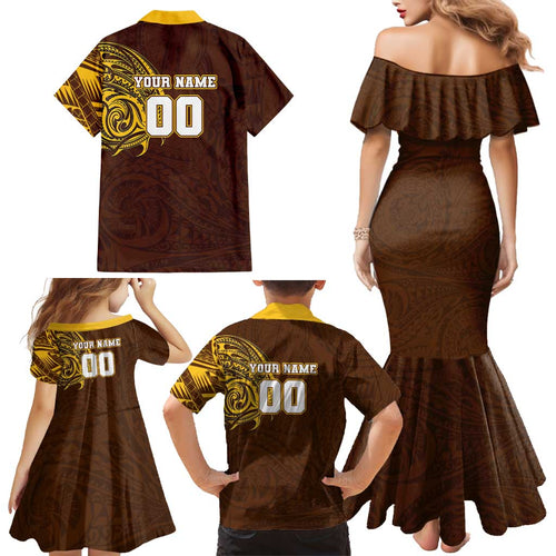 Personalized Hawthorn Hawks Polynesian Family Matching Mermaid Dress and Hawaiian Shirt Tribal Chest and Sleeve Tattoo Heritage Warrior