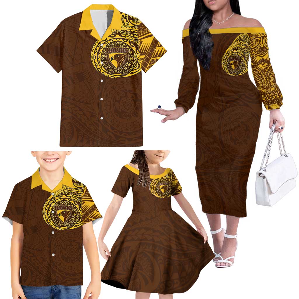 Personalized Hawthorn Hawks Polynesian Family Matching Off The Shoulder Long Sleeve Dress and Hawaiian Shirt Tribal Chest and Sleeve Tattoo Heritage Warrior