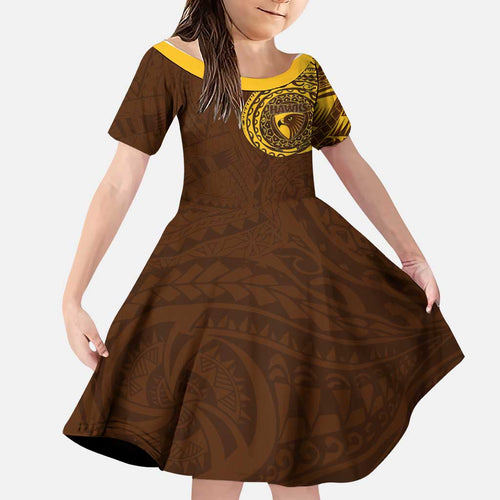 Personalized Hawthorn Hawks Polynesian Family Matching Off The Shoulder Long Sleeve Dress and Hawaiian Shirt Tribal Chest and Sleeve Tattoo Heritage Warrior