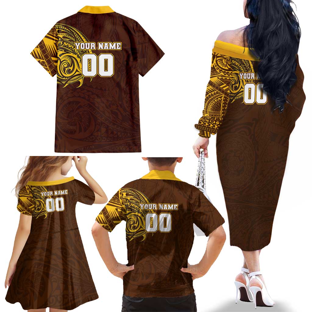Personalized Hawthorn Hawks Polynesian Family Matching Off The Shoulder Long Sleeve Dress and Hawaiian Shirt Tribal Chest and Sleeve Tattoo Heritage Warrior