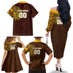 Personalized Hawthorn Hawks Polynesian Family Matching Off The Shoulder Long Sleeve Dress and Hawaiian Shirt Tribal Chest and Sleeve Tattoo Heritage Warrior