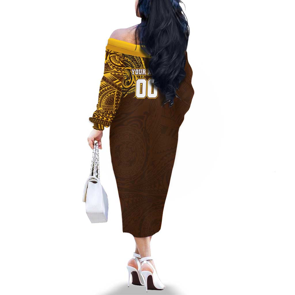 Personalized Hawthorn Hawks Polynesian Family Matching Off The Shoulder Long Sleeve Dress and Hawaiian Shirt Tribal Chest and Sleeve Tattoo Heritage Warrior