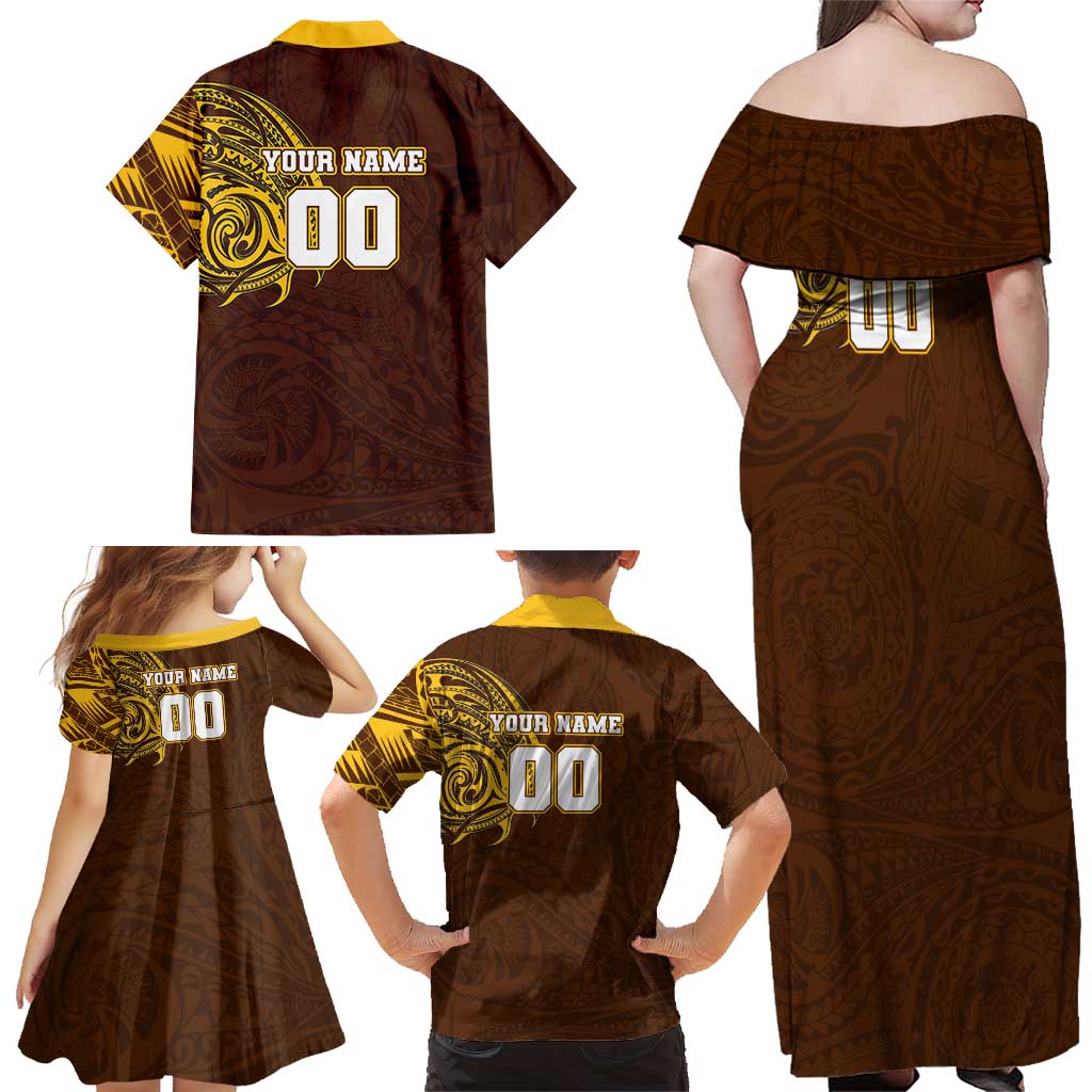 Personalized Hawthorn Hawks Polynesian Family Matching Off Shoulder Maxi Dress and Hawaiian Shirt Tribal Chest and Sleeve Tattoo Heritage Warrior