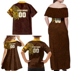 Personalized Hawthorn Hawks Polynesian Family Matching Off Shoulder Maxi Dress and Hawaiian Shirt Tribal Chest and Sleeve Tattoo Heritage Warrior