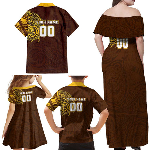Personalized Hawthorn Hawks Polynesian Family Matching Off Shoulder Maxi Dress and Hawaiian Shirt Tribal Chest and Sleeve Tattoo Heritage Warrior