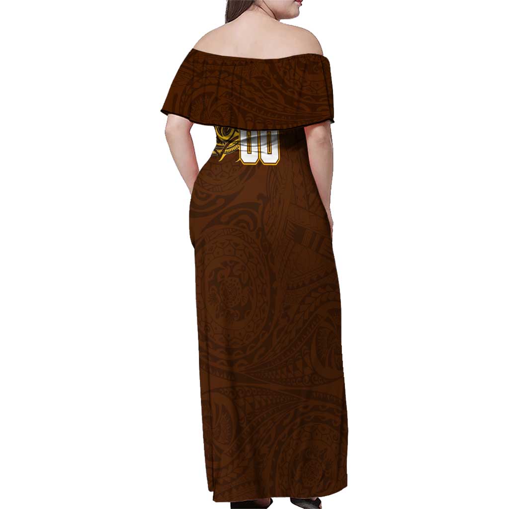Personalized Hawthorn Hawks Polynesian Family Matching Off Shoulder Maxi Dress and Hawaiian Shirt Tribal Chest and Sleeve Tattoo Heritage Warrior