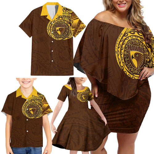 Personalized Hawthorn Hawks Polynesian Family Matching Off Shoulder Short Dress and Hawaiian Shirt Tribal Chest and Sleeve Tattoo Heritage Warrior