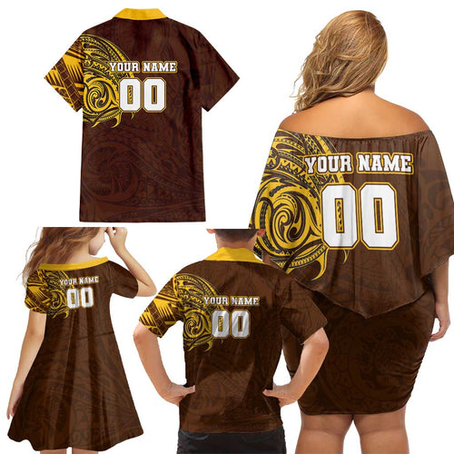 Personalized Hawthorn Hawks Polynesian Family Matching Off Shoulder Short Dress and Hawaiian Shirt Tribal Chest and Sleeve Tattoo Heritage Warrior