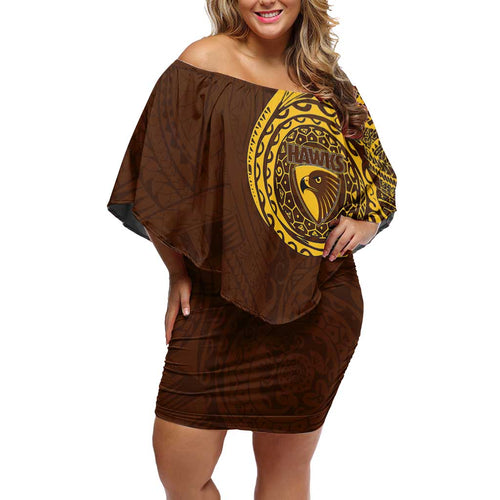 Personalized Hawthorn Hawks Polynesian Family Matching Off Shoulder Short Dress and Hawaiian Shirt Tribal Chest and Sleeve Tattoo Heritage Warrior