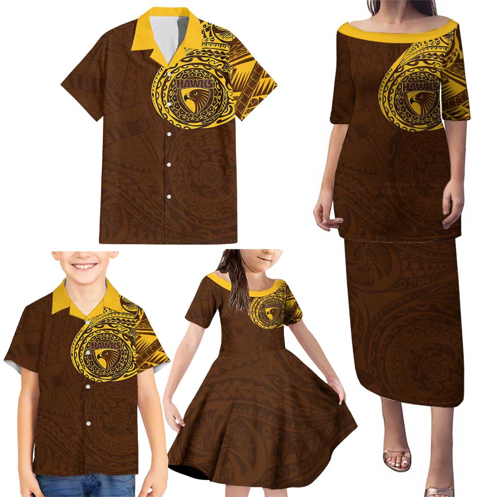 Personalized Hawthorn Hawks Polynesian Family Matching Puletasi and Hawaiian Shirt Tribal Chest and Sleeve Tattoo Heritage Warrior