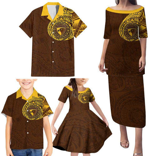 Personalized Hawthorn Hawks Polynesian Family Matching Puletasi and Hawaiian Shirt Tribal Chest and Sleeve Tattoo Heritage Warrior