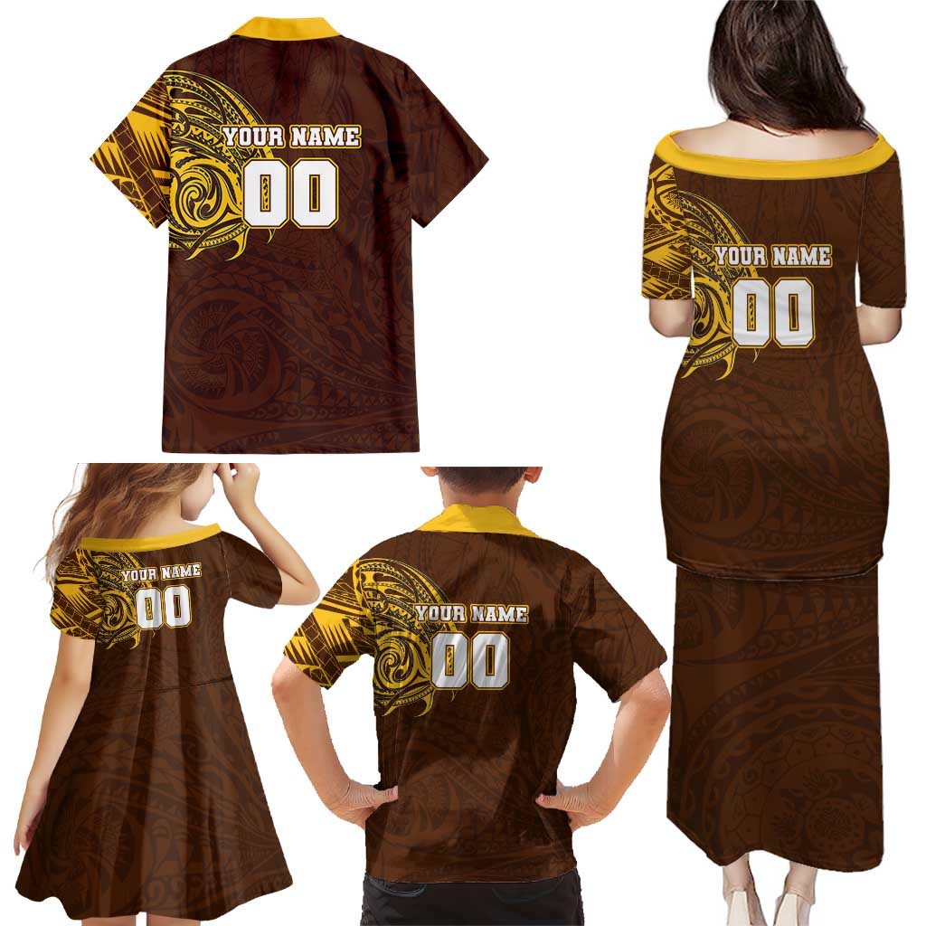 Personalized Hawthorn Hawks Polynesian Family Matching Puletasi and Hawaiian Shirt Tribal Chest and Sleeve Tattoo Heritage Warrior