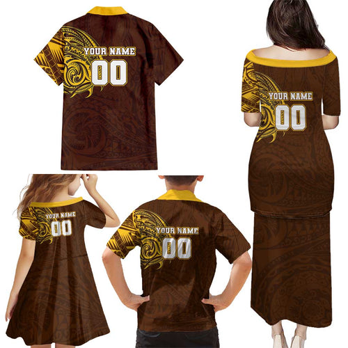 Personalized Hawthorn Hawks Polynesian Family Matching Puletasi and Hawaiian Shirt Tribal Chest and Sleeve Tattoo Heritage Warrior