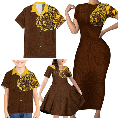 Personalized Hawthorn Hawks Polynesian Family Matching Short Sleeve Bodycon Dress and Hawaiian Shirt Tribal Chest and Sleeve Tattoo Heritage Warrior