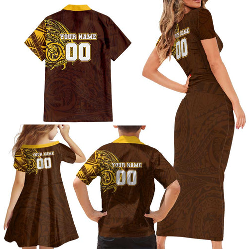 Personalized Hawthorn Hawks Polynesian Family Matching Short Sleeve Bodycon Dress and Hawaiian Shirt Tribal Chest and Sleeve Tattoo Heritage Warrior