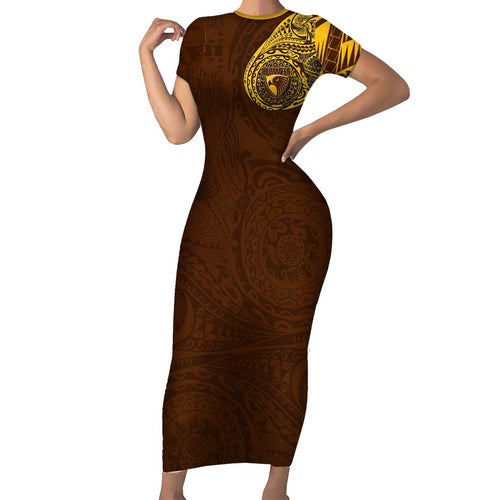 Personalized Hawthorn Hawks Polynesian Family Matching Short Sleeve Bodycon Dress and Hawaiian Shirt Tribal Chest and Sleeve Tattoo Heritage Warrior
