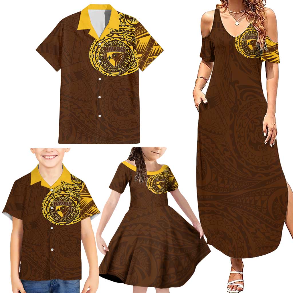 Personalized Hawthorn Hawks Polynesian Family Matching Summer Maxi Dress and Hawaiian Shirt Tribal Chest and Sleeve Tattoo Heritage Warrior