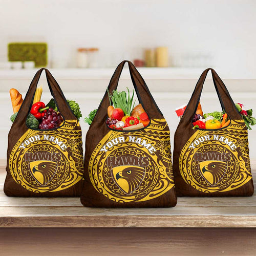 Personalized Hawthorn Hawks Polynesian Grocery Bag Tribal Chest and Sleeve Tattoo Heritage Warrior