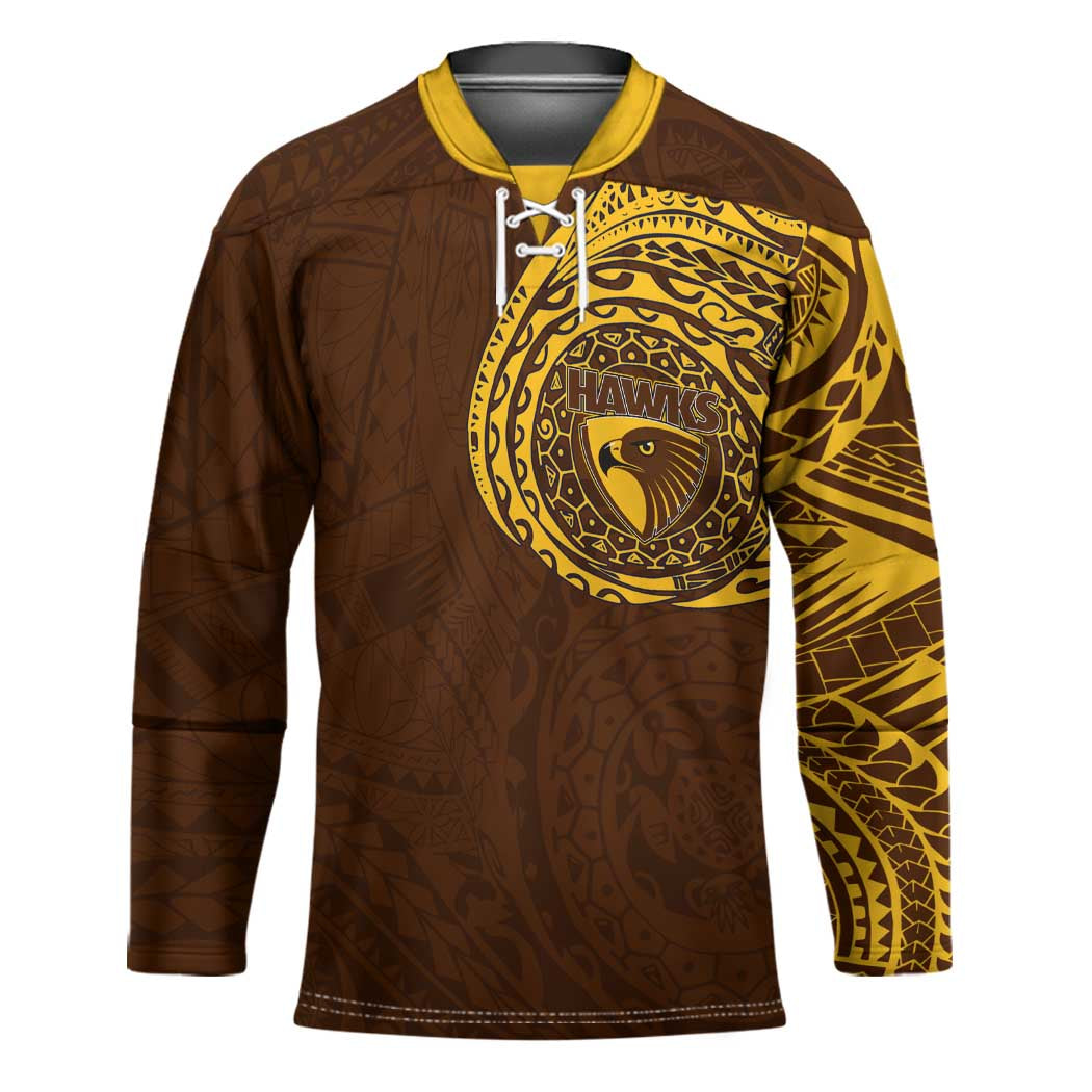 Personalized Hawthorn Hawks Polynesian Hockey Jersey Tribal Chest and Sleeve Tattoo Heritage Warrior