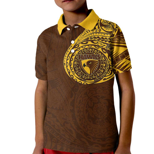 Personalized Hawthorn Hawks Polynesian Kid Polo Shirt Tribal Chest and Sleeve Tattoo Heritage Warrior