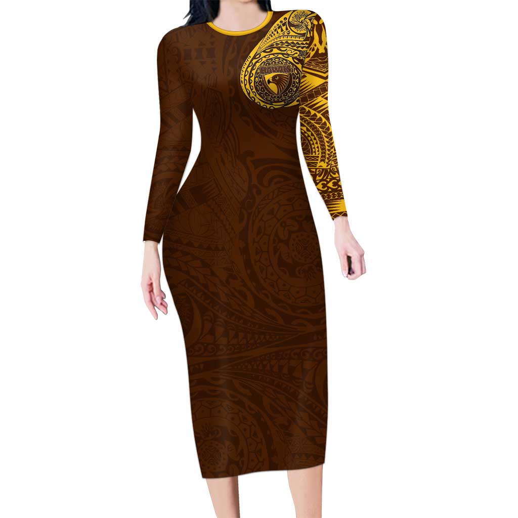 Personalized Hawthorn Hawks Polynesian Long Sleeve Bodycon Dress Tribal Chest and Sleeve Tattoo Heritage Warrior