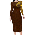 Personalized Hawthorn Hawks Polynesian Long Sleeve Bodycon Dress Tribal Chest and Sleeve Tattoo Heritage Warrior