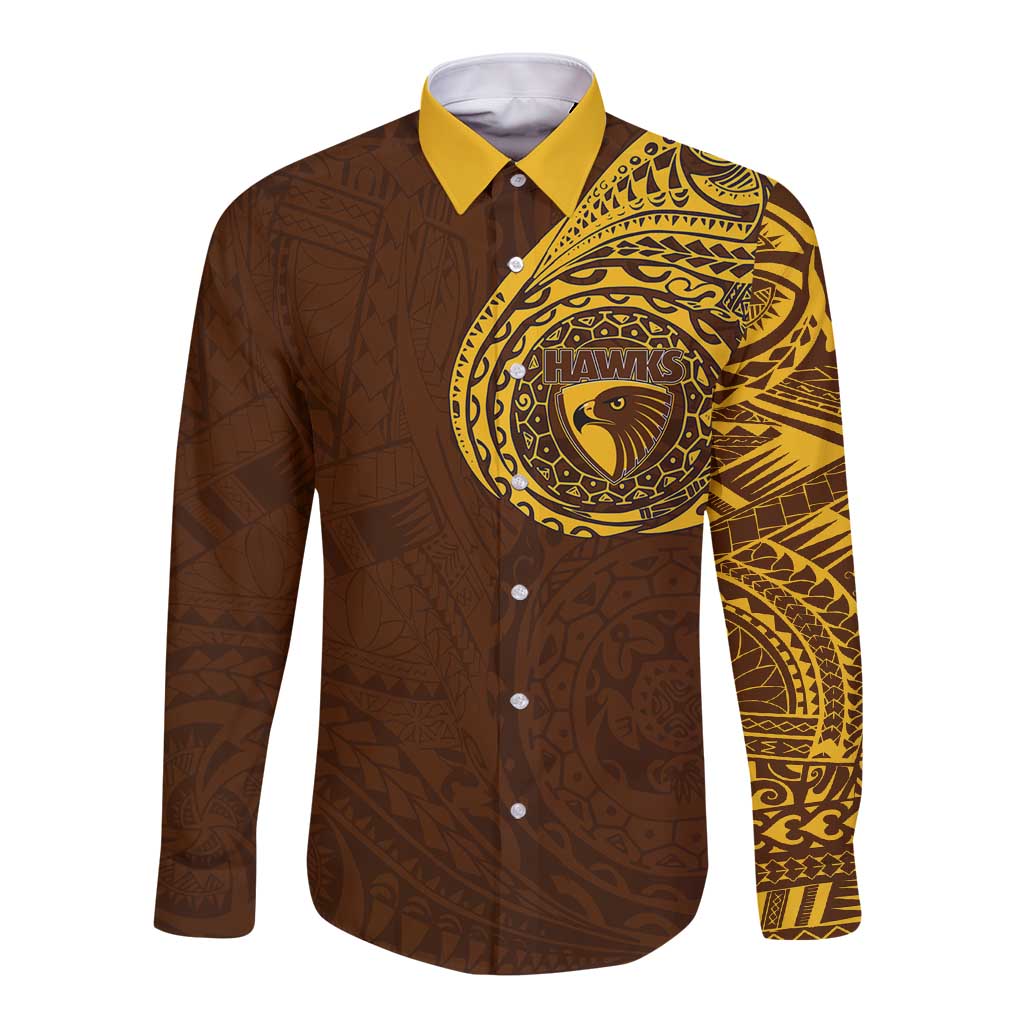 Personalized Hawthorn Hawks Polynesian Long Sleeve Button Shirt Tribal Chest and Sleeve Tattoo Heritage Warrior