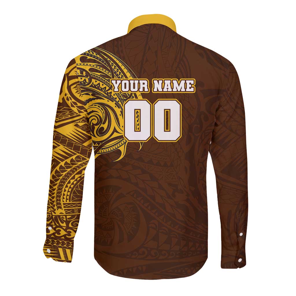 Personalized Hawthorn Hawks Polynesian Long Sleeve Button Shirt Tribal Chest and Sleeve Tattoo Heritage Warrior