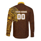 Personalized Hawthorn Hawks Polynesian Long Sleeve Button Shirt Tribal Chest and Sleeve Tattoo Heritage Warrior