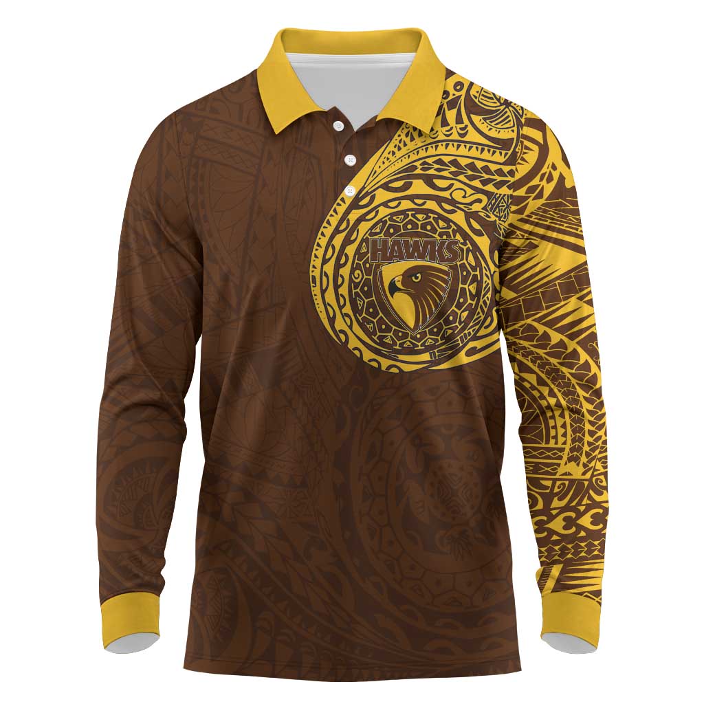 Personalized Hawthorn Hawks Polynesian Long Sleeve Polo Shirt Tribal Chest and Sleeve Tattoo Heritage Warrior
