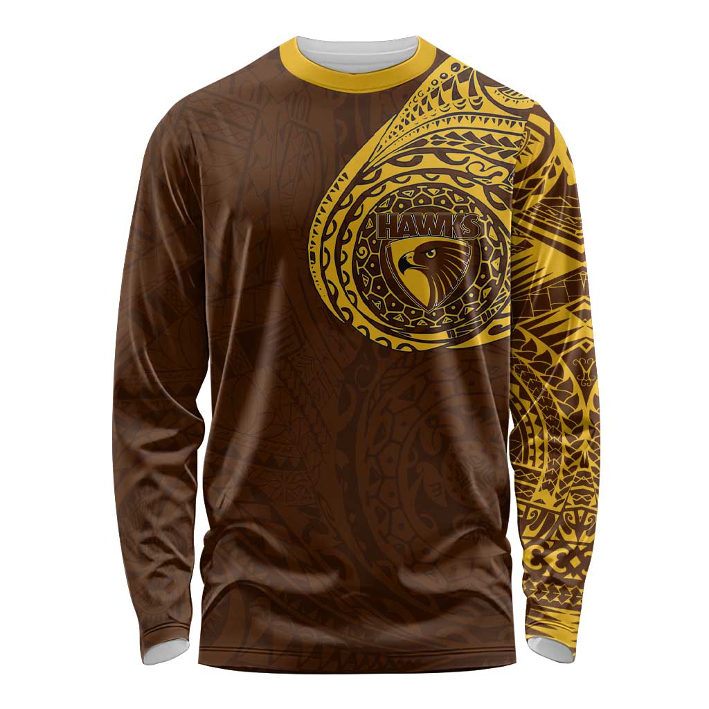 Personalized Hawthorn Hawks Polynesian Long Sleeve Shirt Tribal Chest and Sleeve Tattoo Heritage Warrior