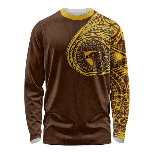 Personalized Hawthorn Hawks Polynesian Long Sleeve Shirt Tribal Chest and Sleeve Tattoo Heritage Warrior