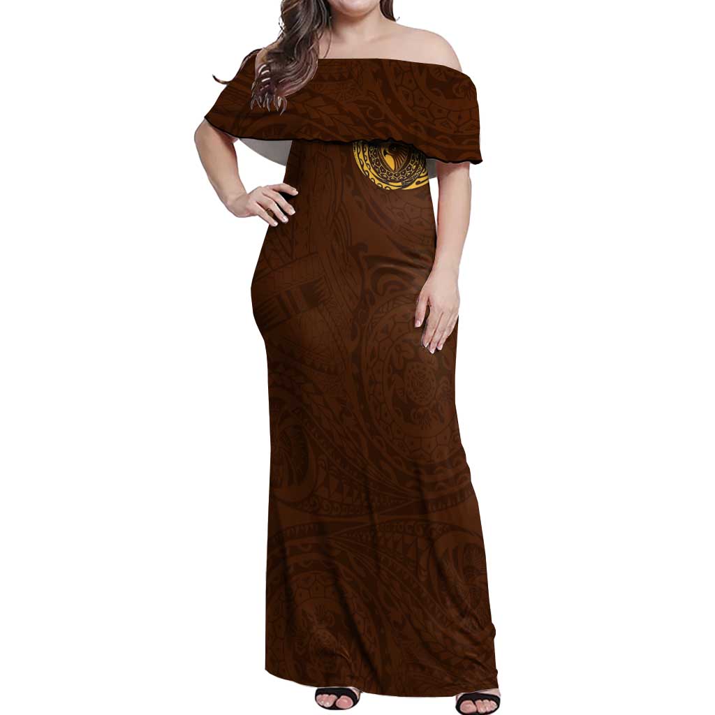 Personalized Hawthorn Hawks Polynesian Off Shoulder Maxi Dress Tribal Chest and Sleeve Tattoo Heritage Warrior