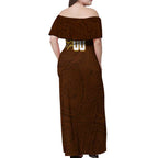 Personalized Hawthorn Hawks Polynesian Off Shoulder Maxi Dress Tribal Chest and Sleeve Tattoo Heritage Warrior