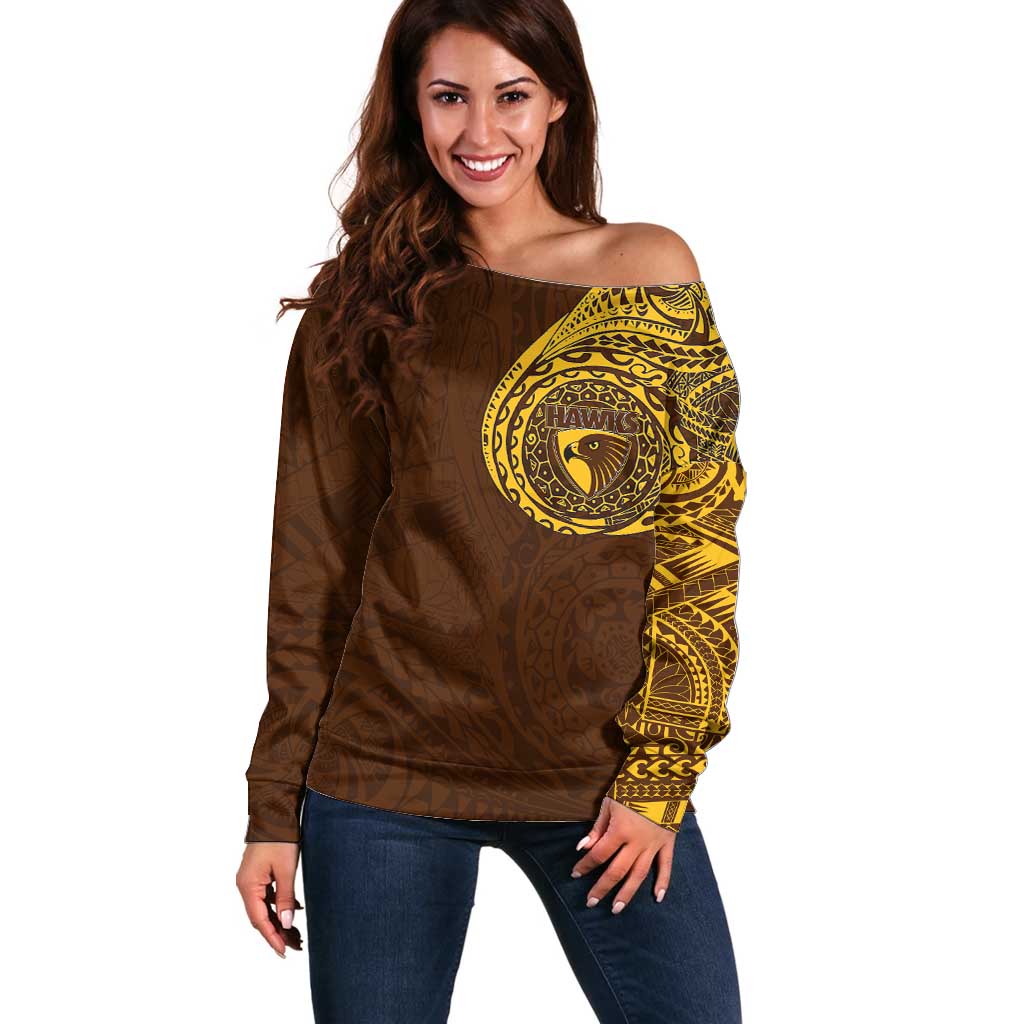 Personalized Hawthorn Hawks Polynesian Off Shoulder Sweater Tribal Chest and Sleeve Tattoo Heritage Warrior