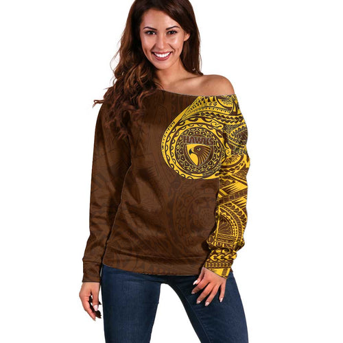 Personalized Hawthorn Hawks Polynesian Off Shoulder Sweater Tribal Chest and Sleeve Tattoo Heritage Warrior