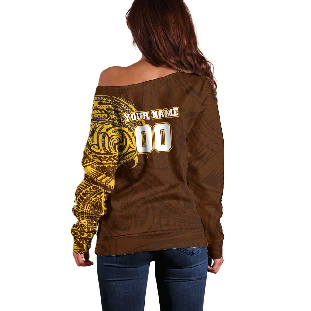 Personalized Hawthorn Hawks Polynesian Off Shoulder Sweater Tribal Chest and Sleeve Tattoo Heritage Warrior