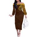 Personalized Hawthorn Hawks Polynesian Off The Shoulder Long Sleeve Dress Tribal Chest and Sleeve Tattoo Heritage Warrior