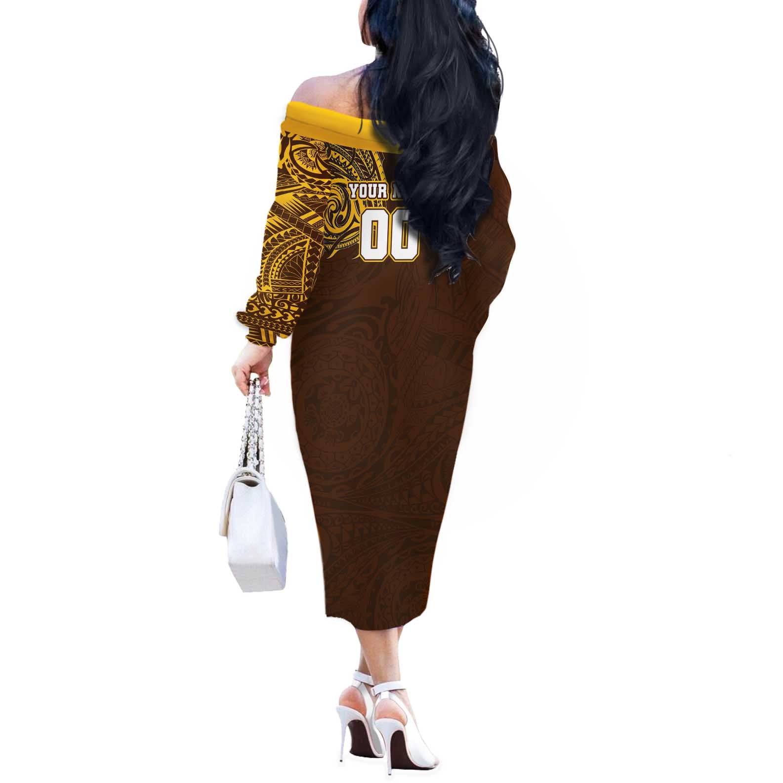 Personalized Hawthorn Hawks Polynesian Off The Shoulder Long Sleeve Dress Tribal Chest and Sleeve Tattoo Heritage Warrior