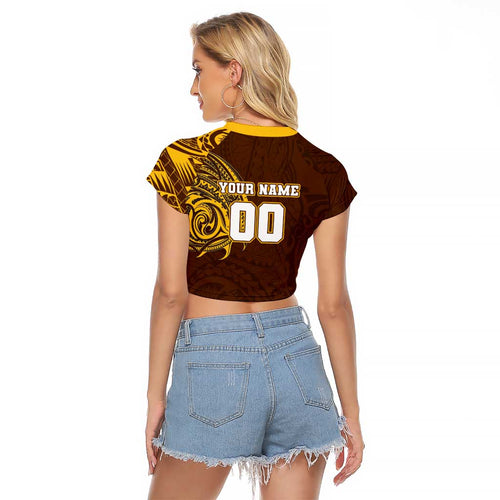Personalized Hawthorn Hawks Polynesian Raglan Cropped T Shirt Tribal Chest and Sleeve Tattoo Heritage Warrior