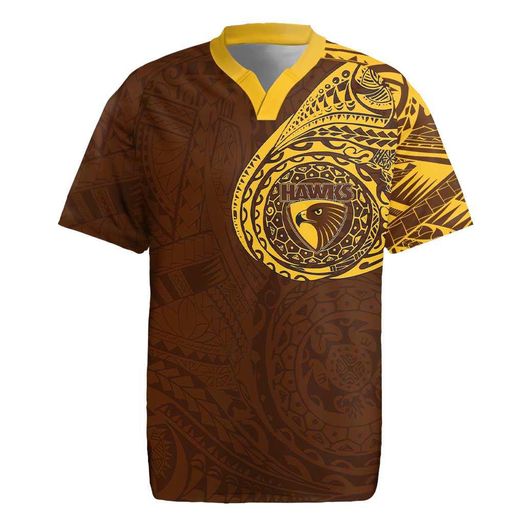 Personalized Hawthorn Hawks Polynesian Rugby Jersey Tribal Chest and Sleeve Tattoo Heritage Warrior