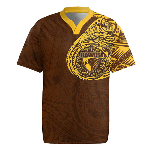 Personalized Hawthorn Hawks Polynesian Rugby Jersey Tribal Chest and Sleeve Tattoo Heritage Warrior