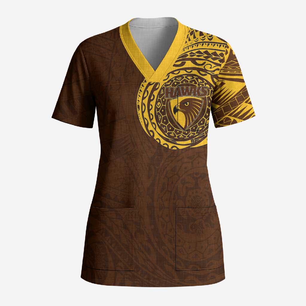 Personalized Hawthorn Hawks Polynesian Scrub Top Tribal Chest and Sleeve Tattoo Heritage Warrior
