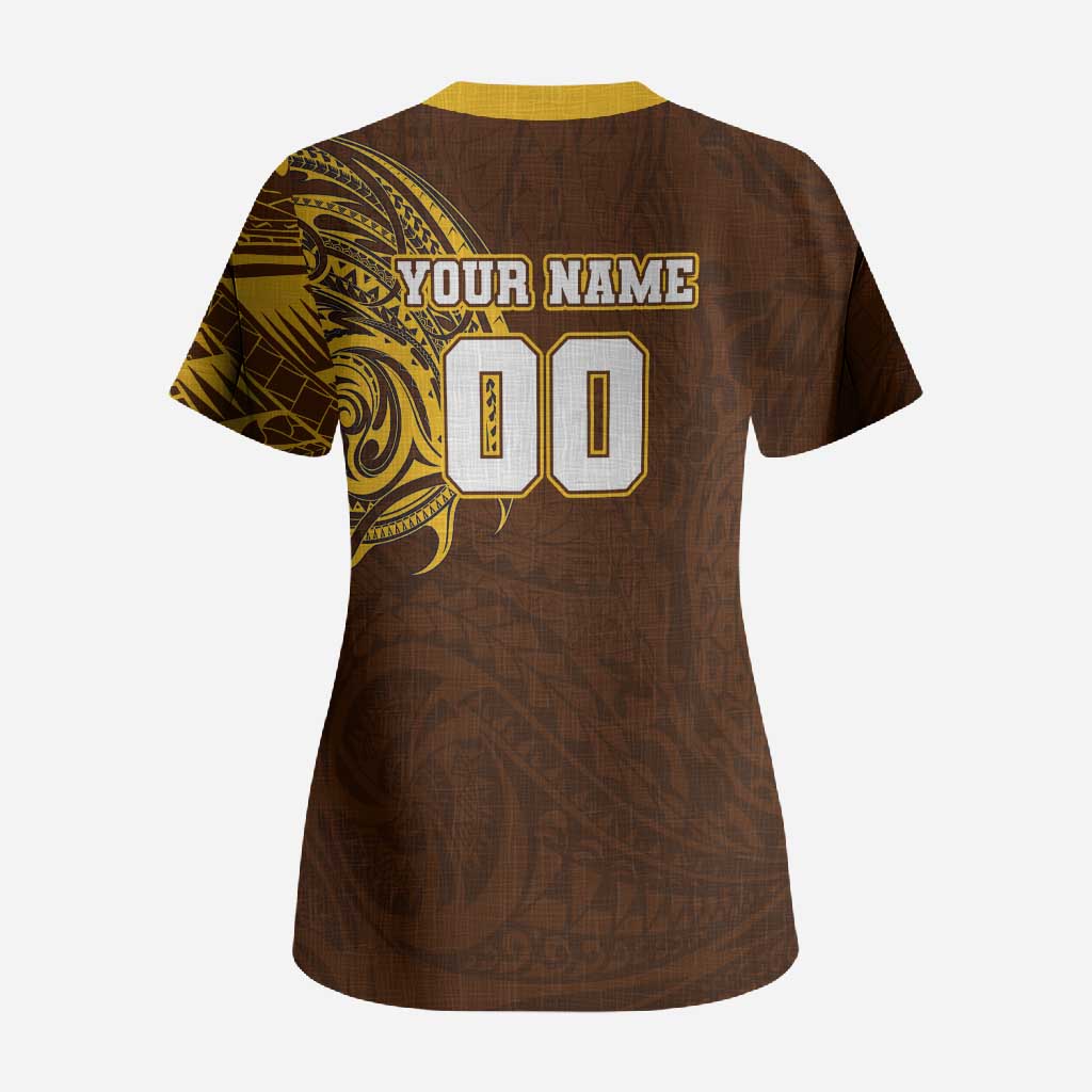 Personalized Hawthorn Hawks Polynesian Scrub Top Tribal Chest and Sleeve Tattoo Heritage Warrior