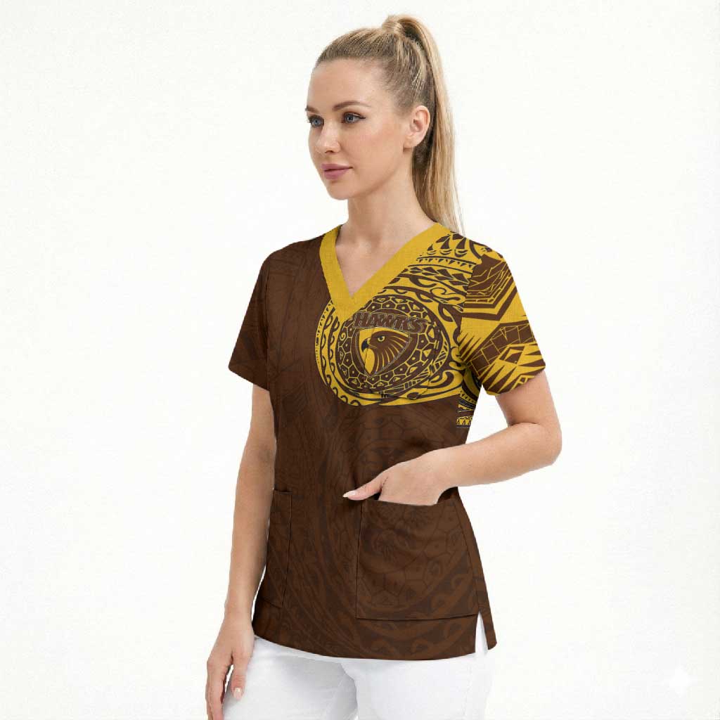 Personalized Hawthorn Hawks Polynesian Scrub Top Tribal Chest and Sleeve Tattoo Heritage Warrior