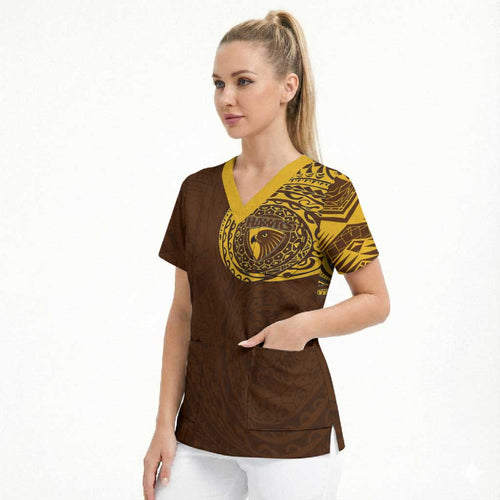 Personalized Hawthorn Hawks Polynesian Scrub Top Tribal Chest and Sleeve Tattoo Heritage Warrior