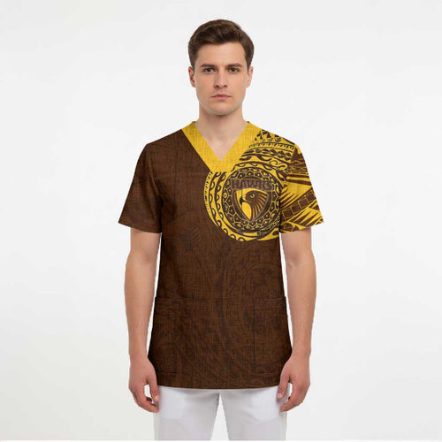 Personalized Hawthorn Hawks Polynesian Scrub Top Tribal Chest and Sleeve Tattoo Heritage Warrior